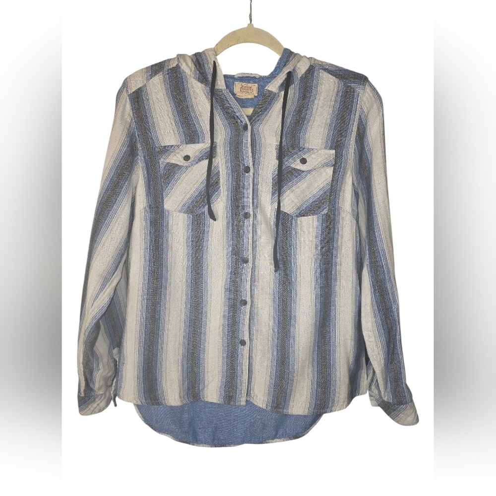 Boston Traders Blue and Gray Striped Cotton "Shacket" Hoodie Med Button Front